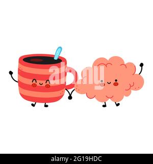 Nette lustige Kaffeebecher und Gehirn. Vektor Hand gezeichnet Cartoon kawaii Charakter Illustration Symbol. Isoliert auf weißem Hintergrund. Kaffee oder Tee Tasse, Tasse, Gehirn Organ Charakter Konzept Stock Vektor
