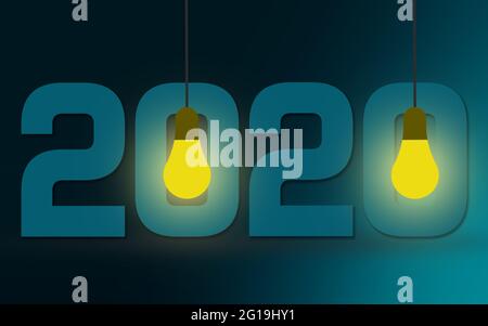 Neujahr 2020 aus Glühbirne, 3D-Rendering Stockfoto