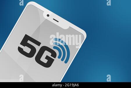5G Text auf dem Bildschirm Smartphone, 3D-Rendering Stockfoto