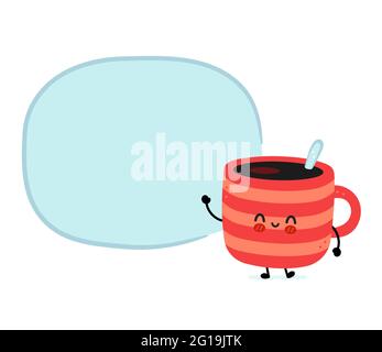 Nette lustige Kaffeebecher mit Sprechblase. Vektor Hand gezeichnet Cartoon kawaii Charakter Illustration Symbol. Isoliert auf weißem Hintergrund. Kaffee- oder Teetasse, Tasse Charakter Konzept Stock Vektor