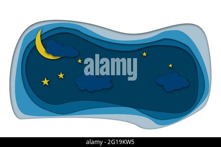 Papierkunst Mond, Wolken und Sterne in Mitternacht, 3D-Rendering Stockfoto
