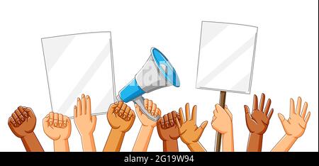 Illustration von Händen mit Bannern. Streikzeichen oder Protestschilder auf Demonstration oder Protest. Stock Vektor