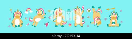 Niedliche Cartoon Einhörner auf Minze Hintergrund. Lustige Tiere in verschiedenen Posen und Situationen. Vektorgrafik. Stock Vektor