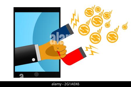 Smartphone-Bildschirm hält Magnet, um Geld anzuziehen, 3D-Rendering Stockfoto