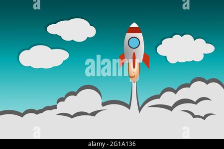 Raumschiff Rakete fliegen über Wolken, 3D-Rendering Stockfoto