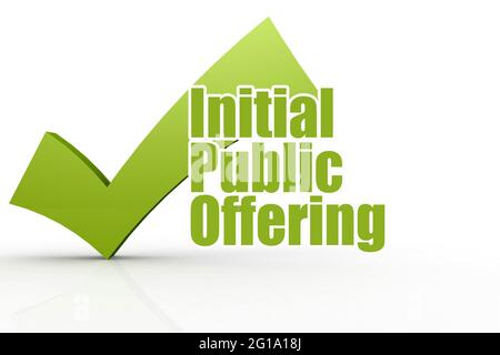 Anfangswort für öffentliches Angebot mit grünem Häkchen, 3D-Rendering Stockfoto