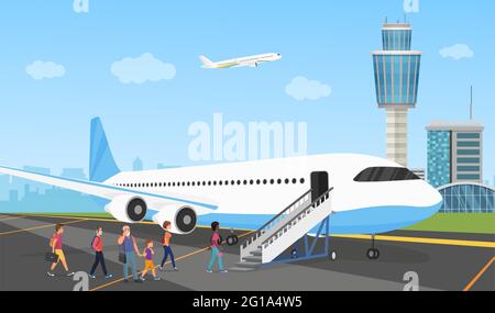 Personen am Flughafen, Schlange von Reisenden und Vektorgrafik von Flugzeugen. Cartoon-Passagiere mit Taschen stehen in der Reihe, klettern Leiter an Bord des Flugzeugs vor dem Einstieg Reise Flug Abenteuer Hintergrund Stock Vektor