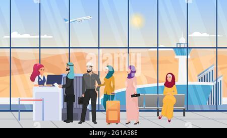 Saudi-arabische Menschen warten in der Schlange in der Flughafenhalle Terminal Vektor-Illustration. Cartoon junge Frau in Hijab, Mann in Robe mit Reisetasche Koffer, muslimische Charaktere bei Flugregistrierung Hintergrund Stock Vektor