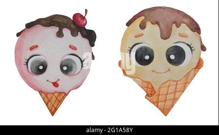 Niedlicher Charakter. Eiscreme-Paar - Mädchen und Junge Schokolade Eisschaufel mit Augen und Lächeln in einem Waffelbecher. Aquarelldarstellung. Kinderkollek Stockfoto