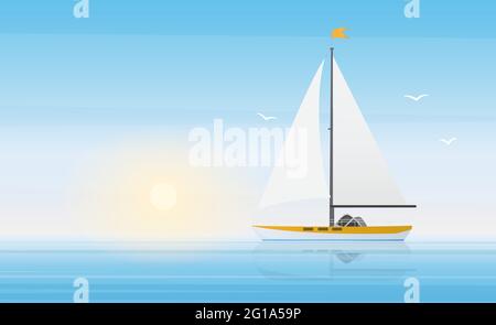 Segelboot-Yacht in klaren blauen Wellen des Meeres oder Ozeanlandschaft in sonnigen schönen Tag Vektor-Illustration. Cartoon Panorama-Landschaft mit Schiff Boot unter Sonne, Sommer Seeseerundfahrt Hintergrund Stock Vektor