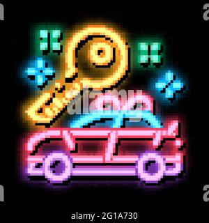 Abbildung des Leuchtsymbols für das Geschenkauto mit Neonlicht Stock Vektor