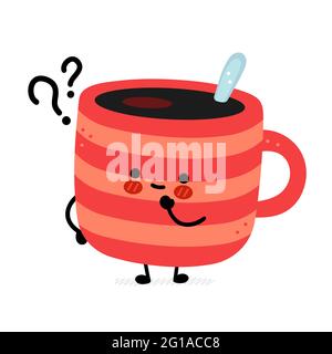 Niedliche lustige Kaffeebecher mit Fragezeichen. Vektor Hand gezeichnet Cartoon kawaii Charakter Illustration Symbol. Isoliert auf weißem Hintergrund. Kaffee- oder Teetasse, Tasse Charakter Konzept Stock Vektor