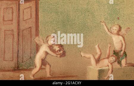 Diese 1880er-Jahre-Illustration eines Wandgemäldes, das in Pompeji aufgedeckt wurde, zeigt Kupiden, die das Spiel Coquemitaine spielen, Der Bogeyman ist eine Art mythischer Kreatur, die von Erwachsenen verwendet wird, um Kinder zu gutem Verhalten zu erschrecken. Pompeji war eine blühende und raffinierte römische Stadt, die nach dem Ausbruch des Vesuv im Jahr 79 n. Chr. unter Meter Asche und Bimsstein begraben wurde Stockfoto