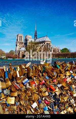 Frankreich, Paris, Kathedrale Notre Dame von der Archeveche-Brücke, Liebhaber Vorhängeschloss Stockfoto