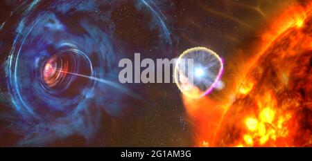 Der Kampf der Gegensätze im Weltraum. Materie versus Antimatter, Stern versus Schwarzes Loch. Kalt oder heiß. Die Elemente dieses Bildes wurden von N Stockfoto