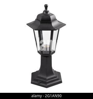 Boden-Gartenleuchte aus schwarzem Kunststoff isoliert auf weißem Hintergrund. Außenleuchte für den Garten. Stockfoto