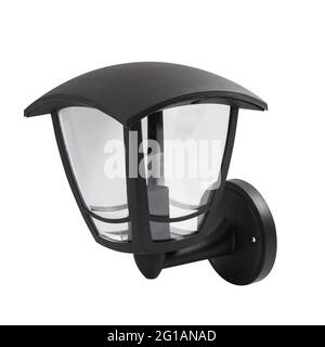 Schwarze Wandleuchte aus Kunststoff isoliert auf weißem Hintergrund. Die schwarze Lampe. Stockfoto