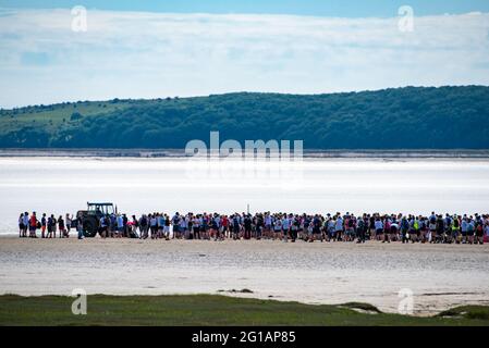 Arnside, Cumbria, Großbritannien. Juni 2021. Bei perfektem Wetter machen sich Wanderer auf einen Spaziergang über den heimtückischen Sand der Morecambe Bay zwischen Arnside und KentÕs Bank auf. Die geführten Wanderungen überqueren den Sand durch die Kanäle des Kent River und sind zwischen 6 und 8 Meilen lang. Quelle: John Eveson/Alamy Live News Stockfoto