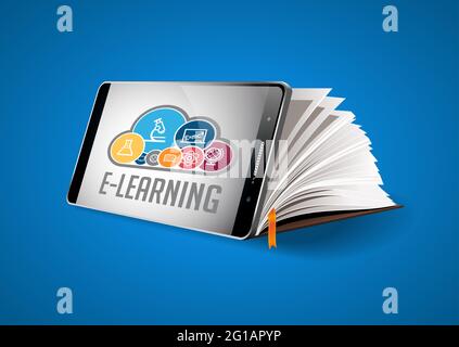 ELearning-Konzept - Handy als Buch mit Wort E-LEARNING Stockfoto