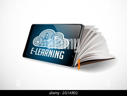 ELearning-Konzept - Handy als Buch mit Wort E-LEARNING Stockfoto