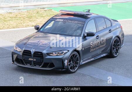 MONTMELLO, SPANIEN-6. JUNI 2021: 2021 2021 BMW M3 Competition Sedan (G80) Offizieller Sicherheitswagen der MotoGP, BMW M3 der letzten Generation mit dem BMW S58 Turboch Stockfoto
