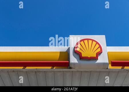 Das Logo der Shell Oil Company auf einer Shell-Tankstelle vor blauem Himmel in Queenstown Road, Battersea, SW London Stockfoto