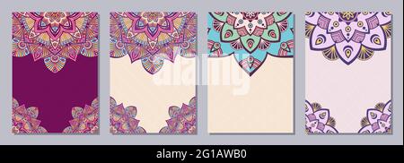Set aus vier farbigen Karten oder Flyern mit ethnischem Mandala-Ornament. Abstraktes Mandala-Design. Dekoratives buntes Muster mit verzierter Textur, Tribal. Stock Vektor