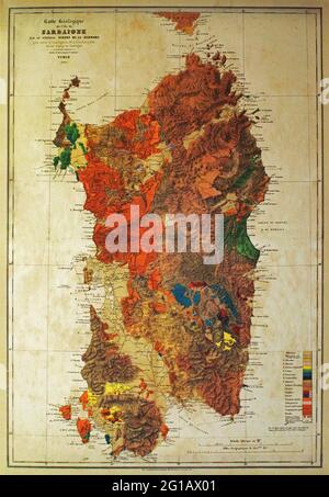 Reproduktion einer alten geographischen Karte Sardiniens von General Alberto La Marmora, gedruckt 1836 in Turin Stockfoto