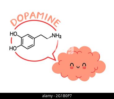 Nette lustige menschliche Gehirn Organ Charakter und Dopamin Formel in Sprechblase. Vektor Hand gezeichnet Cartoon kawaii Charakter Illustration Symbol. Gehirnchemie, dodamine Cartoon Charakter Konzept Stock Vektor