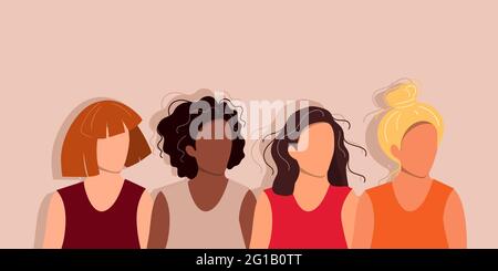 Frauen unterschiedlicher Kulturen und Nationalitäten stehen zusammen. Das Konzept der weiblichen Empowerment-Bewegung und der Gleichstellung der Geschlechter. Stock Vektor