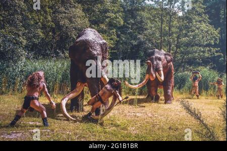 Mammut auf der Jagd, fotografiert in freier Wildbahn und zu einem künstlerischen Pop-Art-Druck mit Photoshop verfeinert. Zeitfotografie. Stockfoto