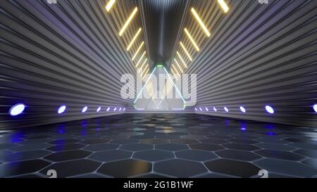 Neon Metal Techno futuristischen Tunnel digitalen Korridor Elektro LED 3d Render Stockfoto