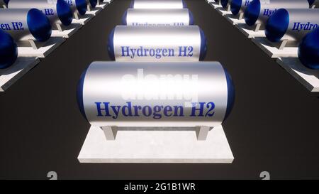 Blauer H2 Wasserstoff-Kraftstofftank erneuerbar Ökologische Zukunftsökologie Konzept Netzenergiespeicherung 3d Render Stockfoto