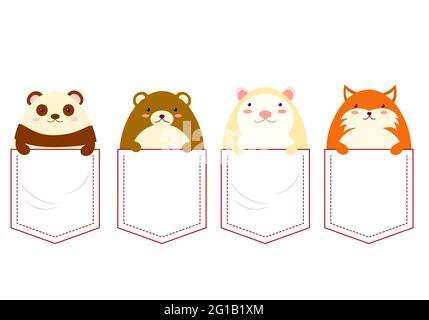 Niedliche Figuren im Pocket-Set. Baby Sammlung von Cartoon Panda, Fuchs, Hamster, Bär in den Taschen. Kindlicher Aufdruck mit lustigen Tieren für T-Shirt. T-Shirt Stock Vektor