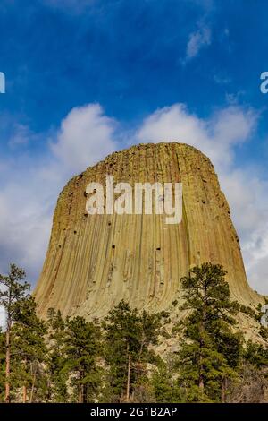 Blick auf den Devils Tower von einem Pfad, der um den Gipfel führt, Devils Tower National Monument, Wyoming, USA Stockfoto