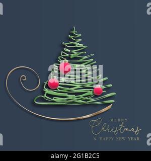 Weihnachts-Neujahrskarte 2022. Abstrakter Weihnachtsbaum, hängende rote 3D-Kugeln, goldener Text Frohe Weihnachten Frohes Neues Jahr auf Blau. 3D-Weihnachtskarte. Stockfoto