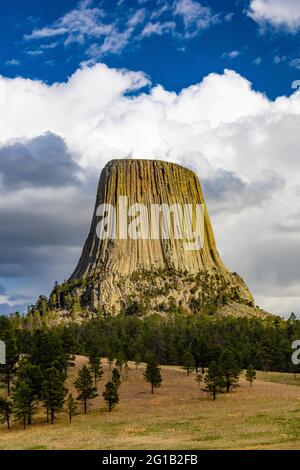 Dramatische Aussicht auf den Devils Tower vom Joyner Ridge im Devils Tower National Monument, Wyoming, USA Stockfoto