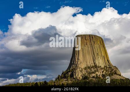 Dramatische Aussicht auf den Devils Tower vom Joyner Ridge im Devils Tower National Monument, Wyoming, USA Stockfoto