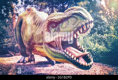 Jurassic Park. Dino Deluxe Expressionismus Dinosaurier Tyrannosaurus Rex als Panorama-Poster. T.Rex in der Wildnis als Pop-Art-Druck. Stockfoto