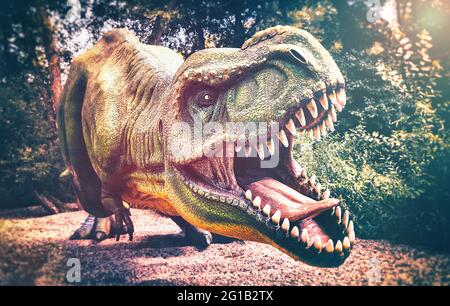 Jurassic Park. Dino Deluxe Expressionismus Dinosaurier Tyrannosaurus Rex als Panorama-Poster. T.Rex in der Wildnis als Pop-Art-Druck. Stockfoto