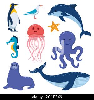 Meerestiere großes Set. Niedliche flache Stil Meer Kreatur Zeichen. Pinguin, Wal, Seehund, Seepferd, Delphin, oktopus, Quallen, Seesterne Möwe Vektor-Illust Stock Vektor