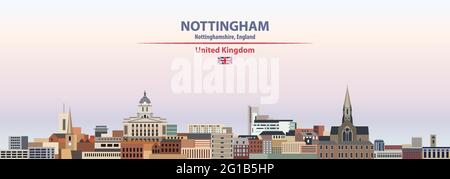 Nottingham Stadtbild auf Sonnenuntergang Himmel Hintergrund Vektorgrafik mit Land und Stadt Namen und mit Flagge von Großbritannien Stock Vektor