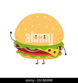 Niedliche lustige Burger in Brille Charakter. Vektor Hand gezeichnet Cartoon kawaii Charakter Illustration Symbol. Isoliert auf weißem Hintergrund. Burger-Charakterkonzept Stock Vektor