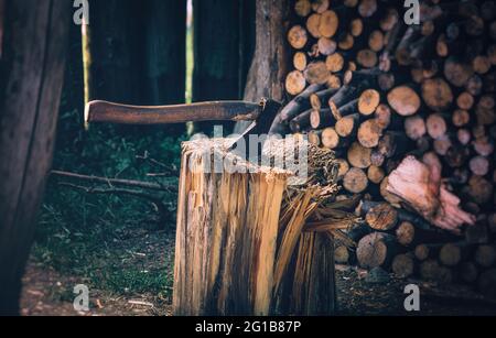 Ein Hirsch-Schädel und Geweih zusammen mit einer Axt und einem Holzblock vor einer Holzhütte. Schädel und Äxte surreale Dekoration im Freilichtmuseum. Stockfoto