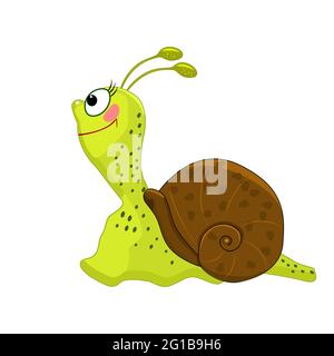 Cartoon Schnecke auf weißem Hintergrund isoliert. Freundliches, niedliches Insekt. Schnecke mit grünem Charakter. Symbol „Beetle“. Lustige Cochlea Maskottchen. Vektorgrafik für Aktien Stock Vektor