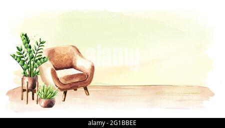Stuhl vor der leeren Wand, Innen- oder Renovierungskonzept. Aquarell, handgezeichnete Illustration mit Kopierfläche Stockfoto