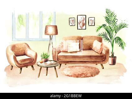 Modernes Wohnzimmer mit Sofa und Möbeln. Aquarell handgezeichnete Illustration Stockfoto