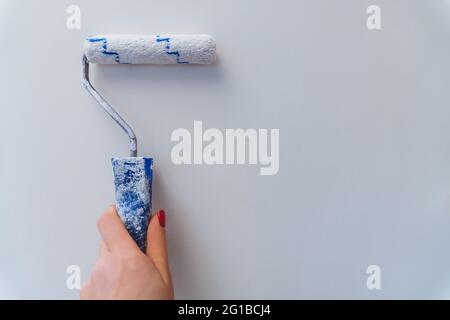 Weibliche Hand mit roter Maniküre hält Roller und malt Wand weiß. Renovierung und Verbesserung des Hauses. Stockfoto
