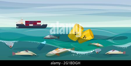 Toter Fisch und Fässer mit giftigen Abfällen, die auf dem Meer schwimmen. Frachtschiff am Horizont. Konzept der Umweltkatastrophe. Vektorgrafik Stock Vektor