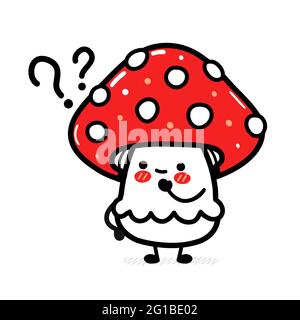 Niedliche lustige Amanita Pilz mit Fragezeichen. Vektor Hand gezeichnet Cartoon kawaii Charakter Illustration Symbol. Isoliert auf weißem Hintergrund. Lustige Amanita Pilz Maskottchen Charakter Konzept Stock Vektor